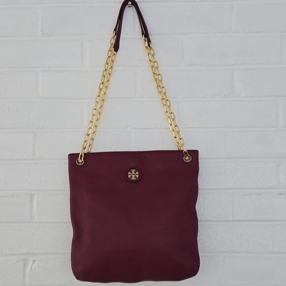 Tory Burch Burgundy Pebbled Shoulder/CrossbodyBag Gold Chain Logo Medium